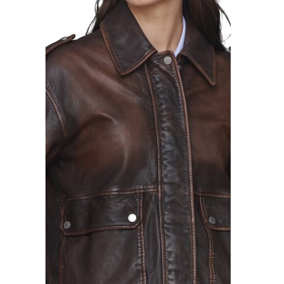 Avec Les Filles Pieced Back Leather Bomber Jacket Burnished Brown - Picture 6 of 7